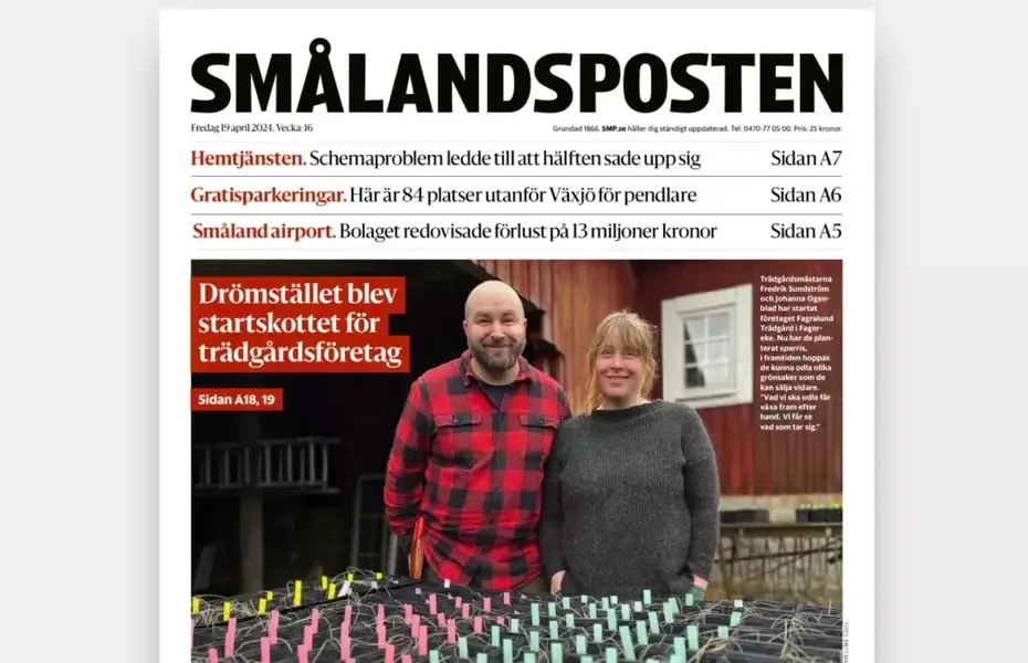 Skärmdump av förstasidan på tidningen Smålandsposten.
